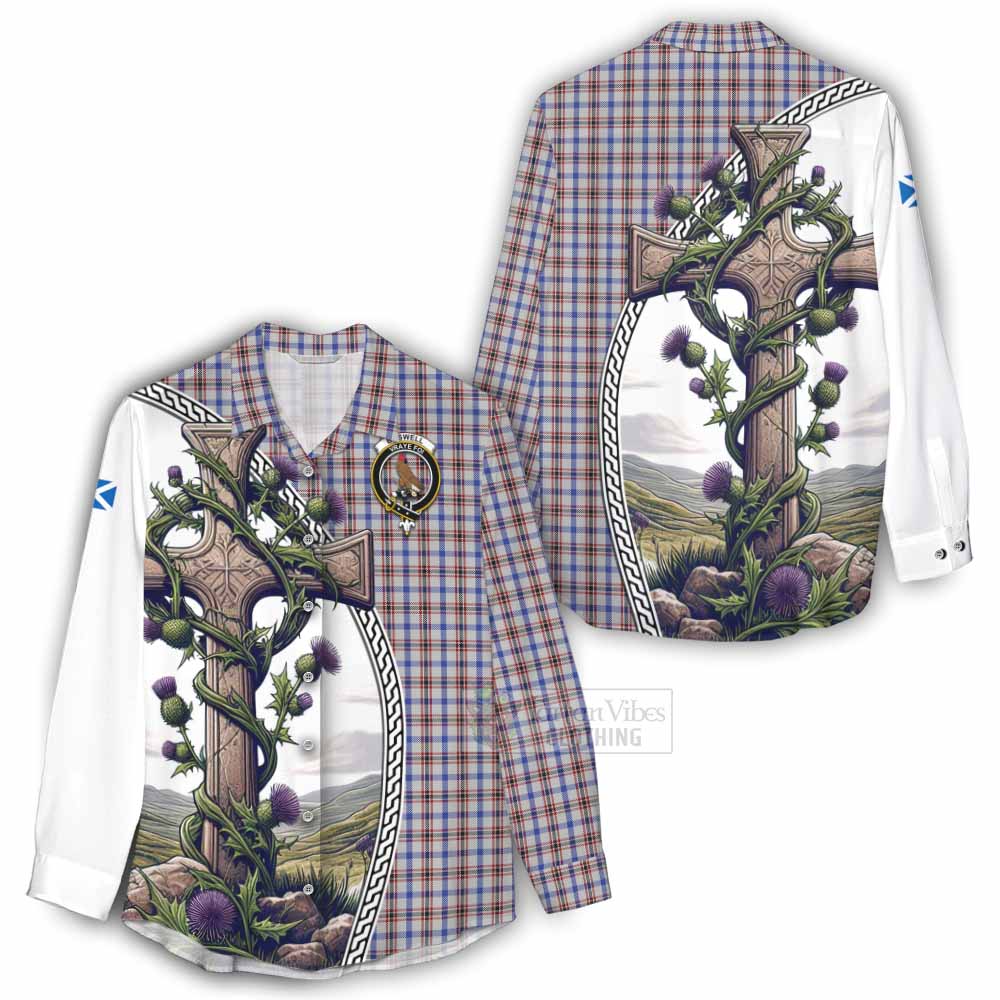 Tartan Vibes Clothing Boswell Tartan Women's Casual Shirt with Family Crest and St. Andrew's Cross Accented by Thistle Vines