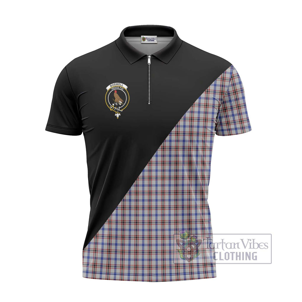 Boswell Tartan Zipper Polo Shirt with Family Crest and Military Logo Style - Tartanvibesclothing Shop