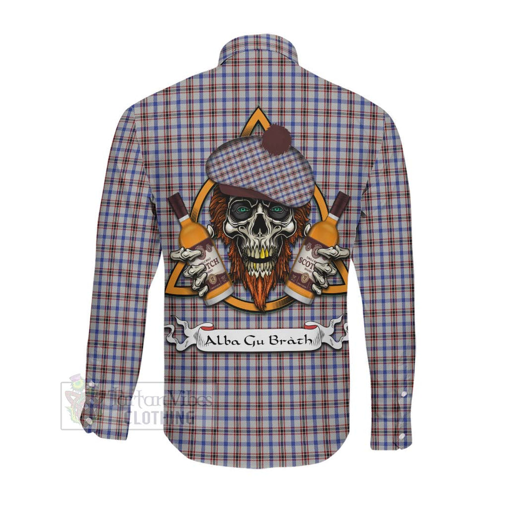 Tartan Vibes Clothing Boswell Tartan Long Sleeve Button Shirt with Family Crest and Bearded Skull Holding Bottles of Whiskey