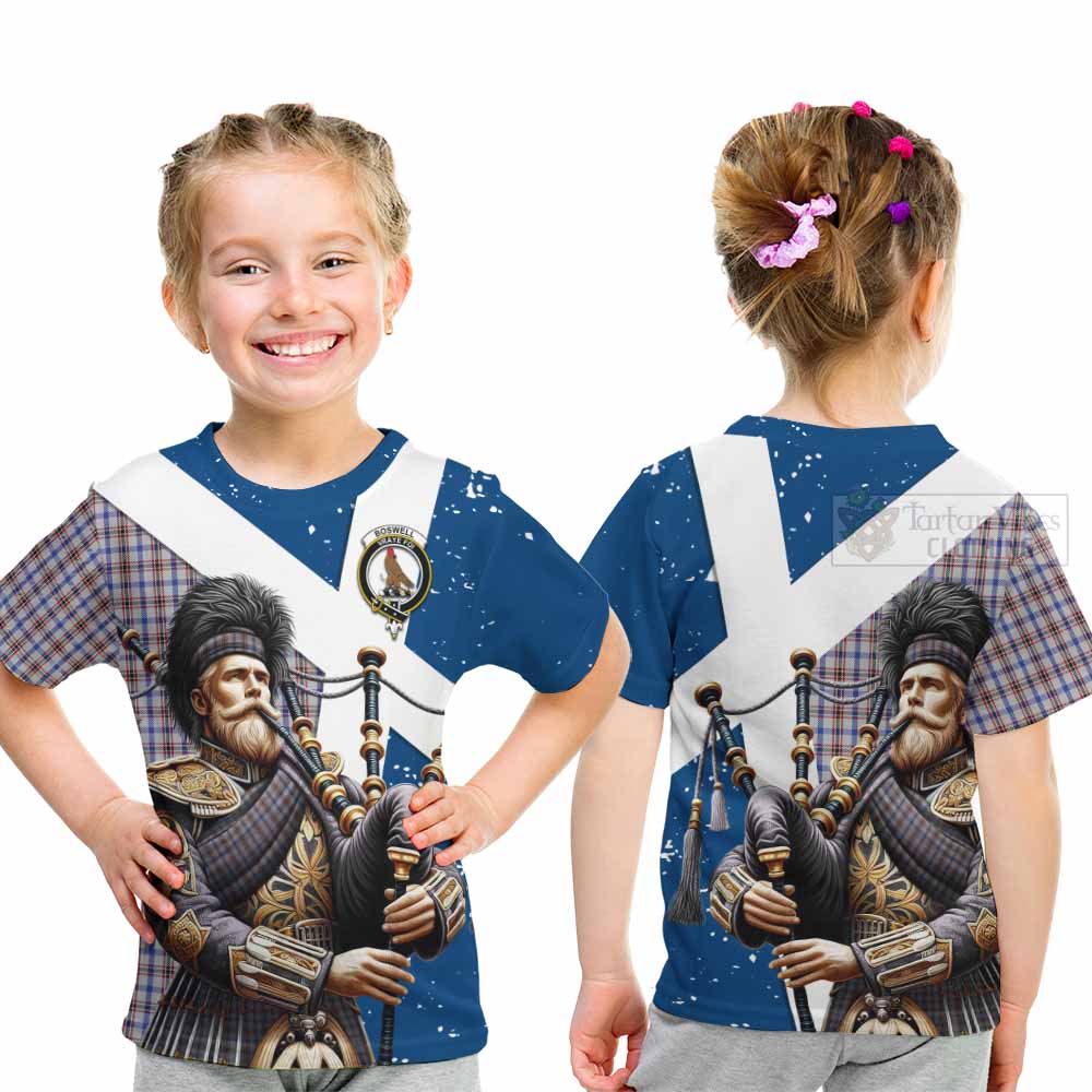 Tartan Vibes Clothing Boswell Tartan Kid T-Shirt with Family Crest Scottish Bagpiper Vibes