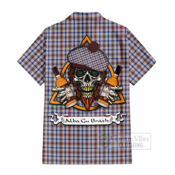 Boswell Tartan Short Sleeve Button Shirt with Family Crest and Bearded Skull Holding Bottles of Whiskey