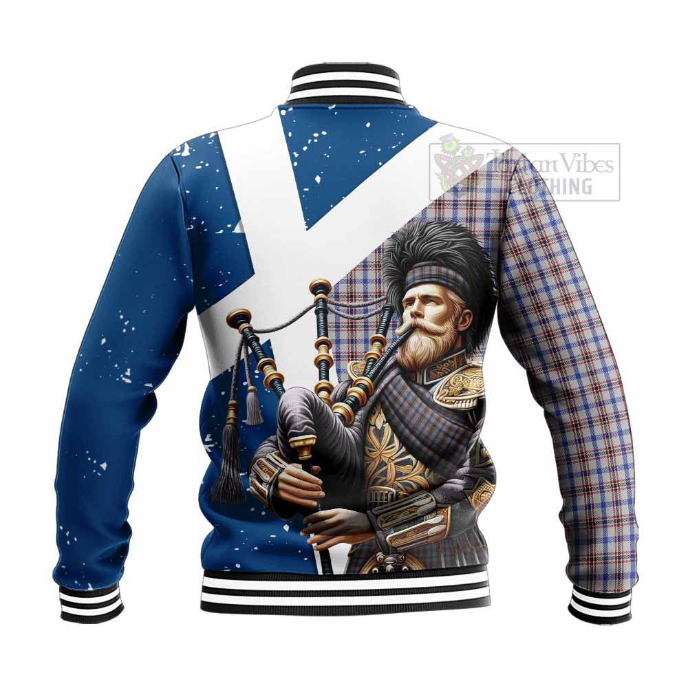 Tartan Vibes Clothing Boswell Tartan Baseball Jacket with Family Crest Scottish Bagpiper Vibes