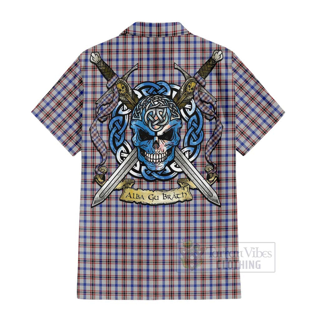 Tartan Vibes Clothing Boswell Tartan Short Sleeve Button Shirt with Family Crest Celtic Skull Style