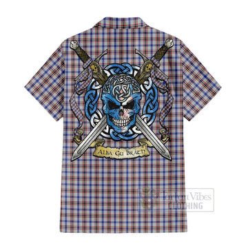 Boswell Tartan Short Sleeve Button Shirt with Family Crest Celtic Skull Style