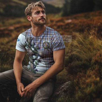 Boswell Tartan T-Shirt with Family Crest and St. Andrew's Cross Accented by Thistle Vines