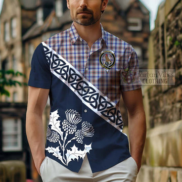 Boswell Tartan Short Sleeve Button Shirt Featuring Thistle and Scotland Map