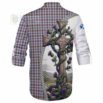 Boswell Tartan Ghillie Kilt Shirt with Family Crest and St. Andrew's Cross Accented by Thistle Vines - Tartan Vibes Clothing