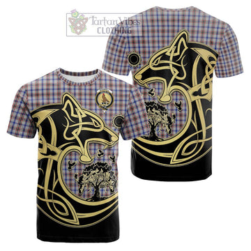 Boswell Tartan Cotton T-shirt with Family Crest Celtic Wolf Style