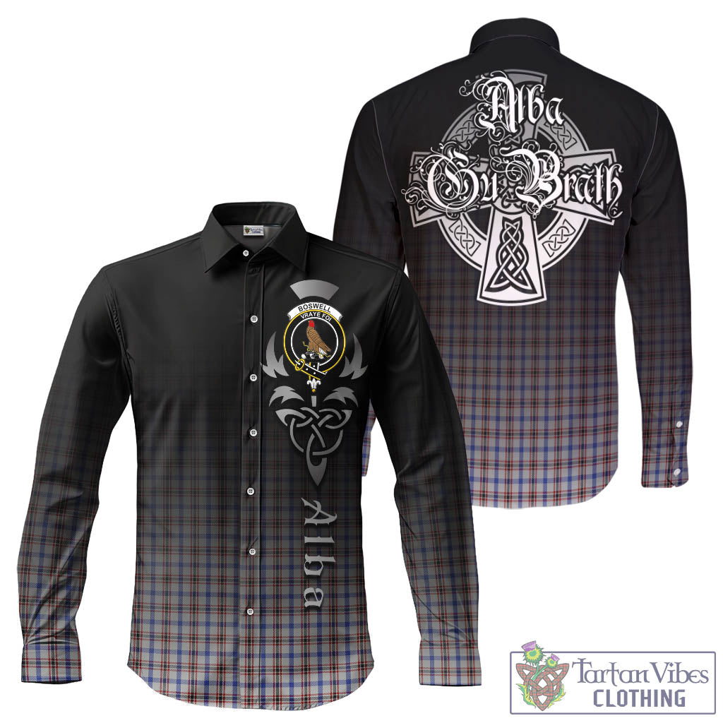 Tartan Vibes Clothing Boswell Tartan Long Sleeve Button Up Featuring Alba Gu Brath Family Crest Celtic Inspired