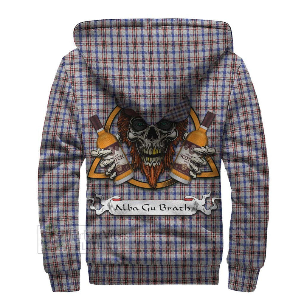 Tartan Vibes Clothing Boswell Tartan Sherpa Hoodie with Family Crest and Bearded Skull Holding Bottles of Whiskey