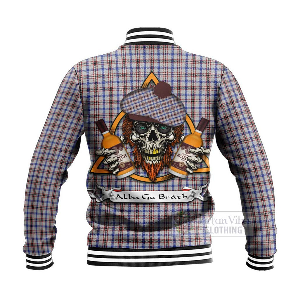 Tartan Vibes Clothing Boswell Tartan Baseball Jacket with Family Crest and Bearded Skull Holding Bottles of Whiskey