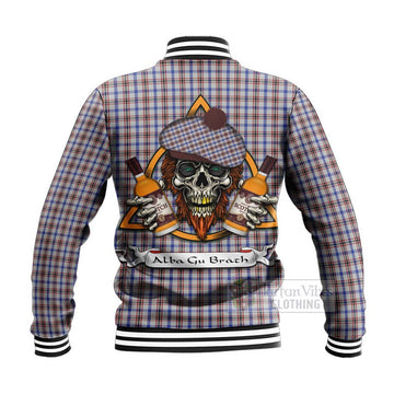 Boswell Tartan Baseball Jacket with Family Crest and Bearded Skull Holding Bottles of Whiskey