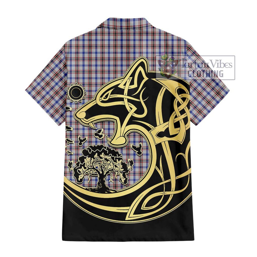 Boswell Tartan Short Sleeve Button Shirt with Family Crest Celtic Wolf Style - Tartan Vibes Clothing