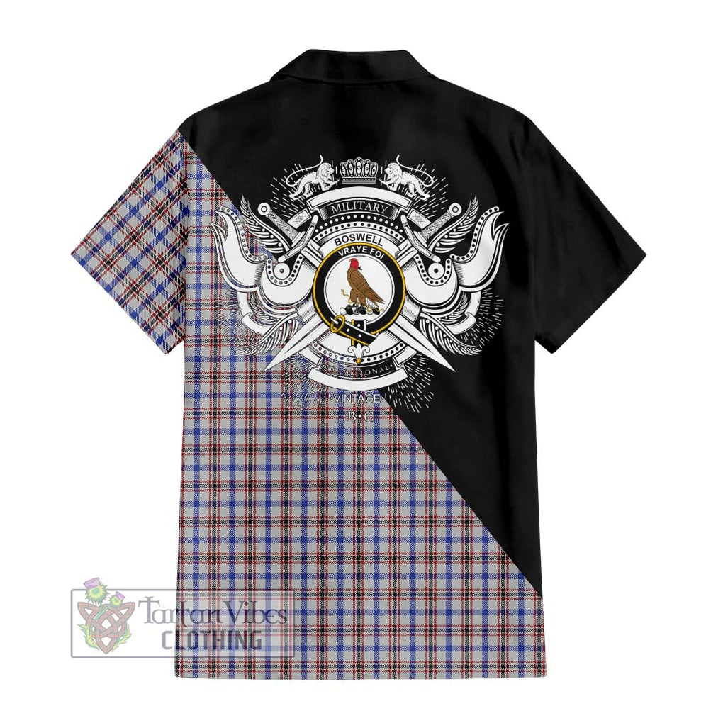 Boswell Tartan Short Sleeve Button Shirt with Family Crest and Military Logo Style - Tartanvibesclothing Shop