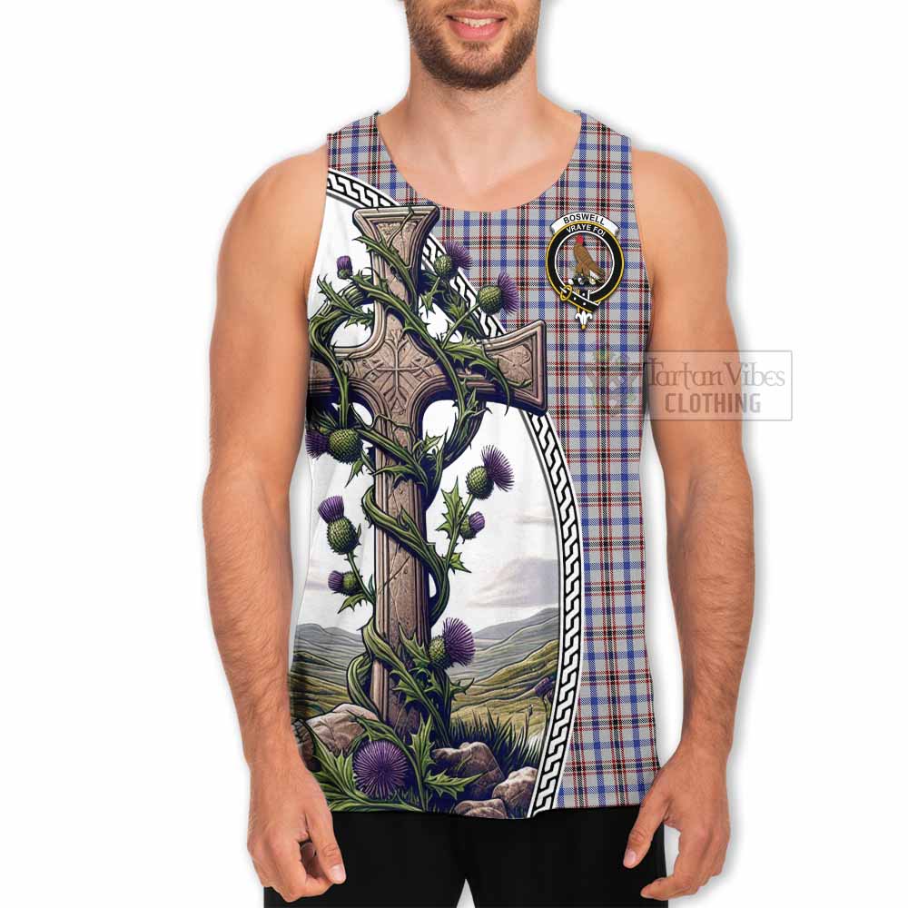 Tartan Vibes Clothing Boswell Tartan Men's Tank Top with Family Crest and St. Andrew's Cross Accented by Thistle Vines