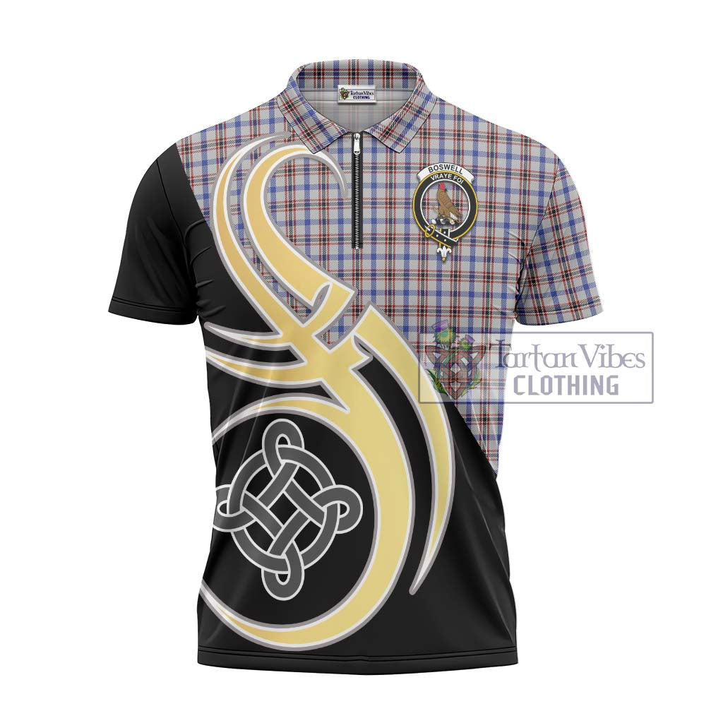 Tartan Vibes Clothing Boswell Tartan Zipper Polo Shirt with Family Crest and Celtic Symbol Style