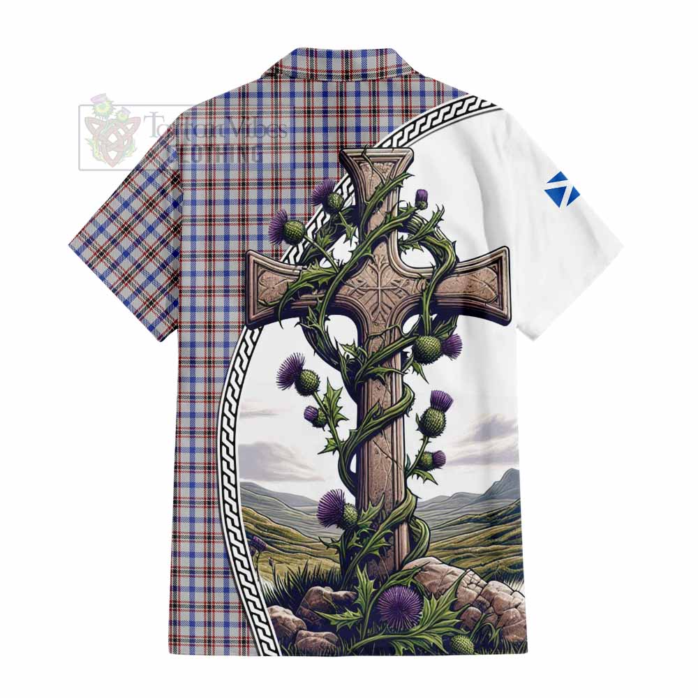 Tartan Vibes Clothing Boswell Tartan Short Sleeve Button Shirt with Family Crest and St. Andrew's Cross Accented by Thistle Vines