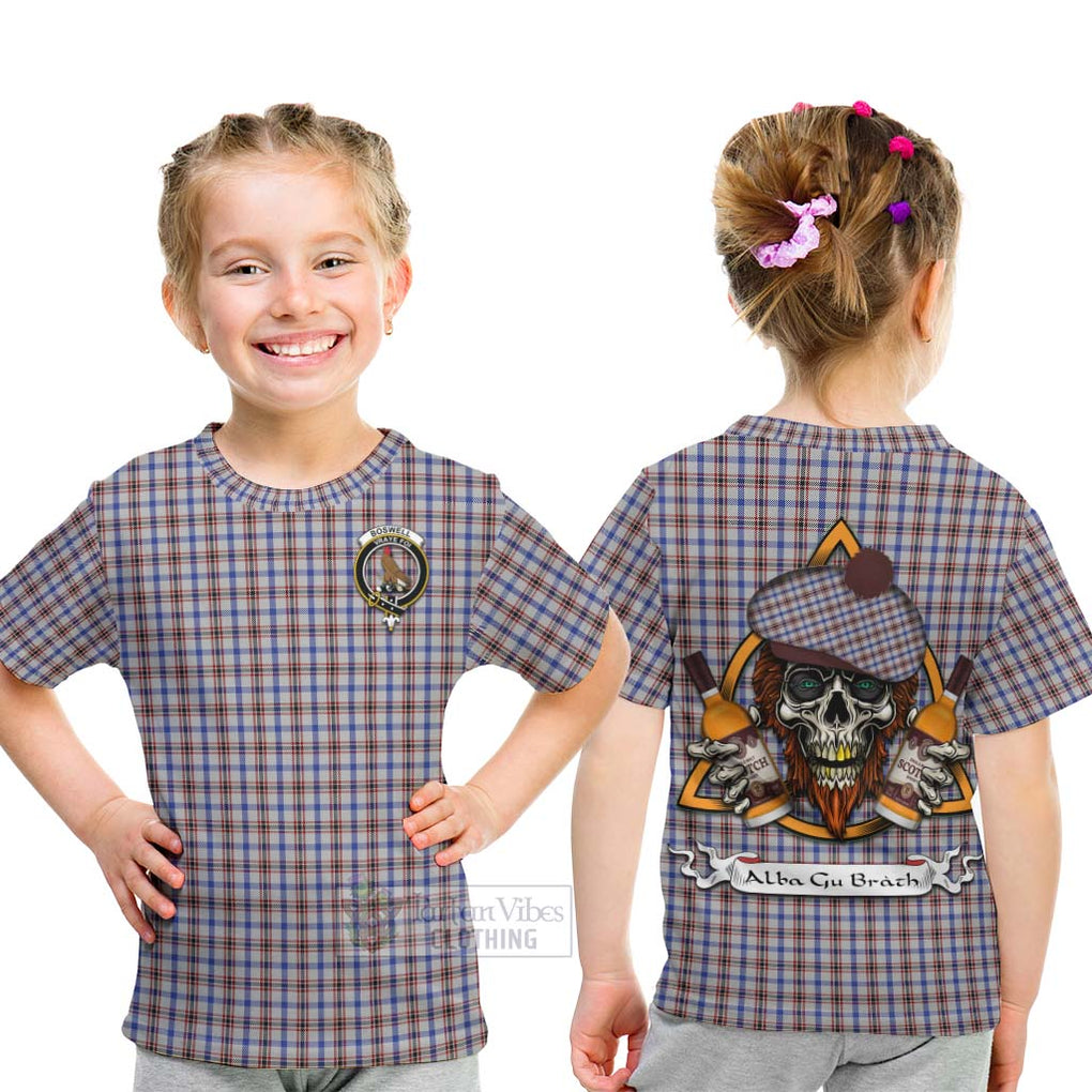 Tartan Vibes Clothing Boswell Tartan Kid T-Shirt with Family Crest and Bearded Skull Holding Bottles of Whiskey