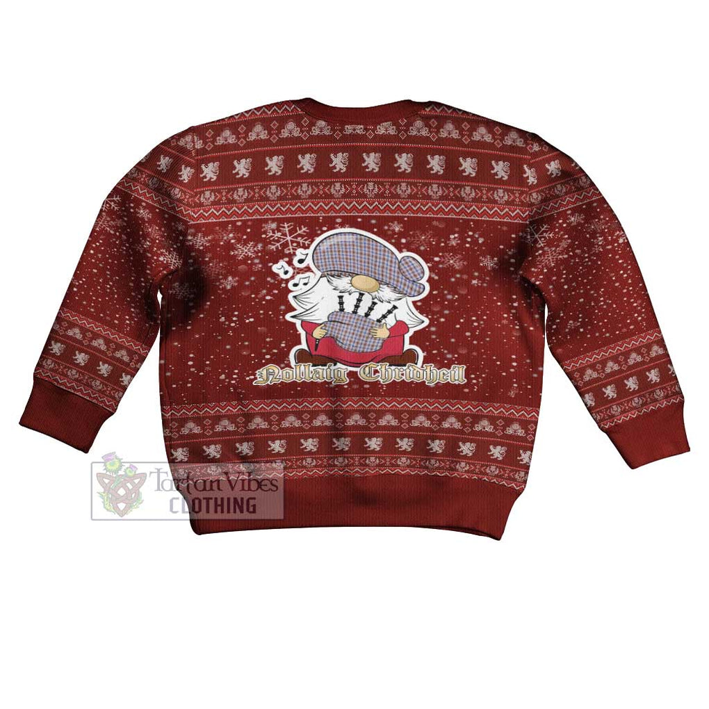 Tartan Vibes Clothing Boswell Clan Christmas Kid Ugly Sweater with Gnome Playing Bagpipes