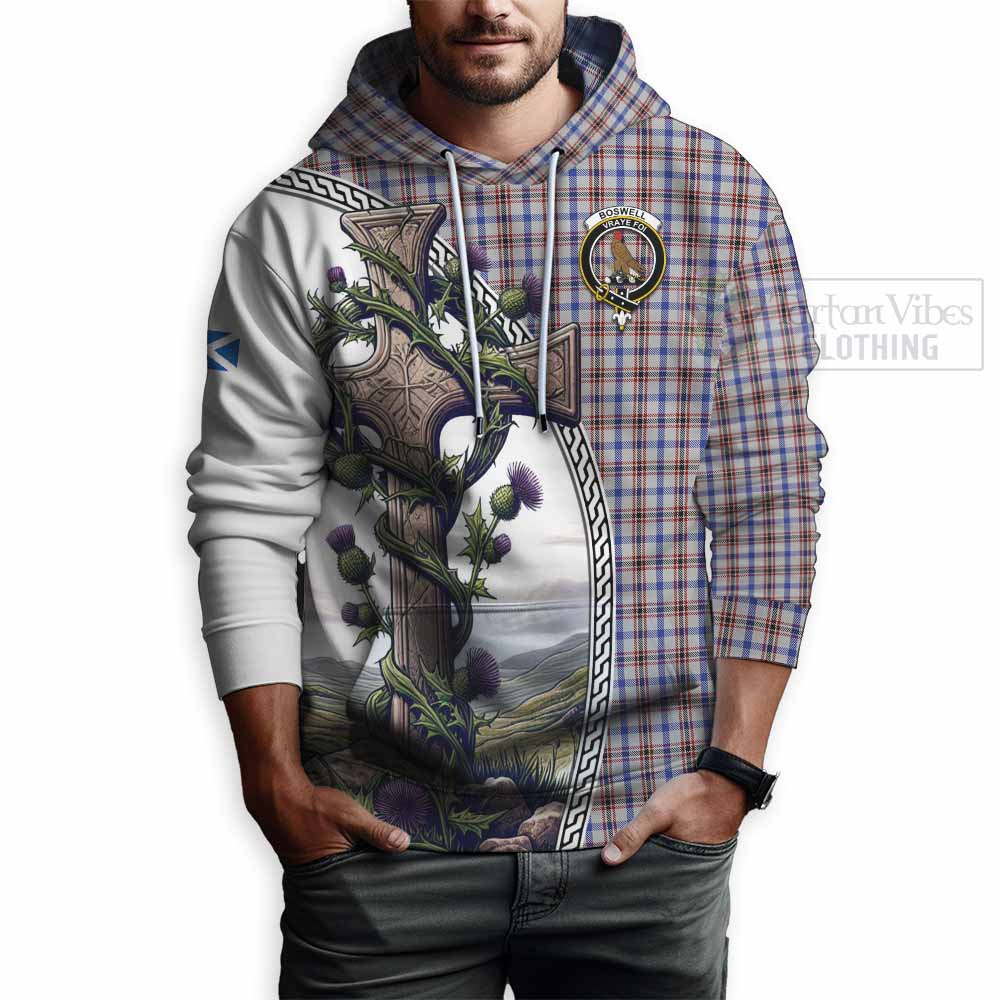 Tartan Vibes Clothing Boswell Tartan Hoodie with Family Crest and St. Andrew's Cross Accented by Thistle Vines