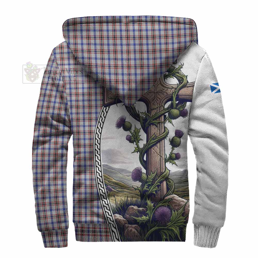 Tartan Vibes Clothing Boswell Tartan Sherpa Hoodie with Family Crest and St. Andrew's Cross Accented by Thistle Vines