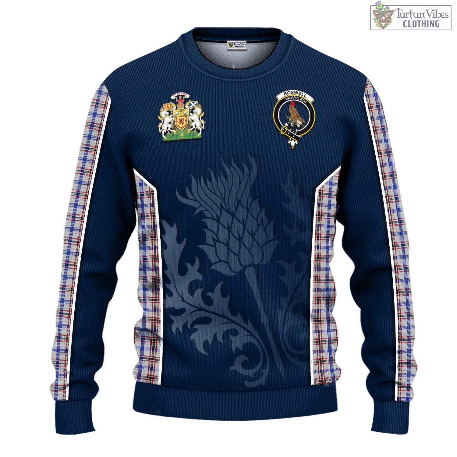 Tartan Vibes Clothing Boswell Tartan Knitted Sweatshirt with Family Crest and Scottish Thistle Vibes Sport Style