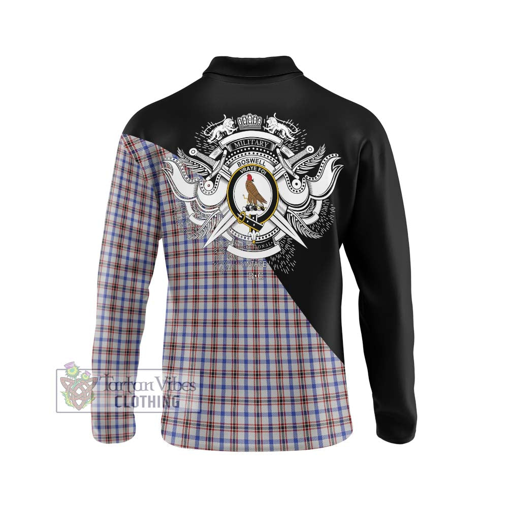 Boswell Tartan Long Sleeve Polo Shirt with Family Crest and Military Logo Style - Tartanvibesclothing Shop