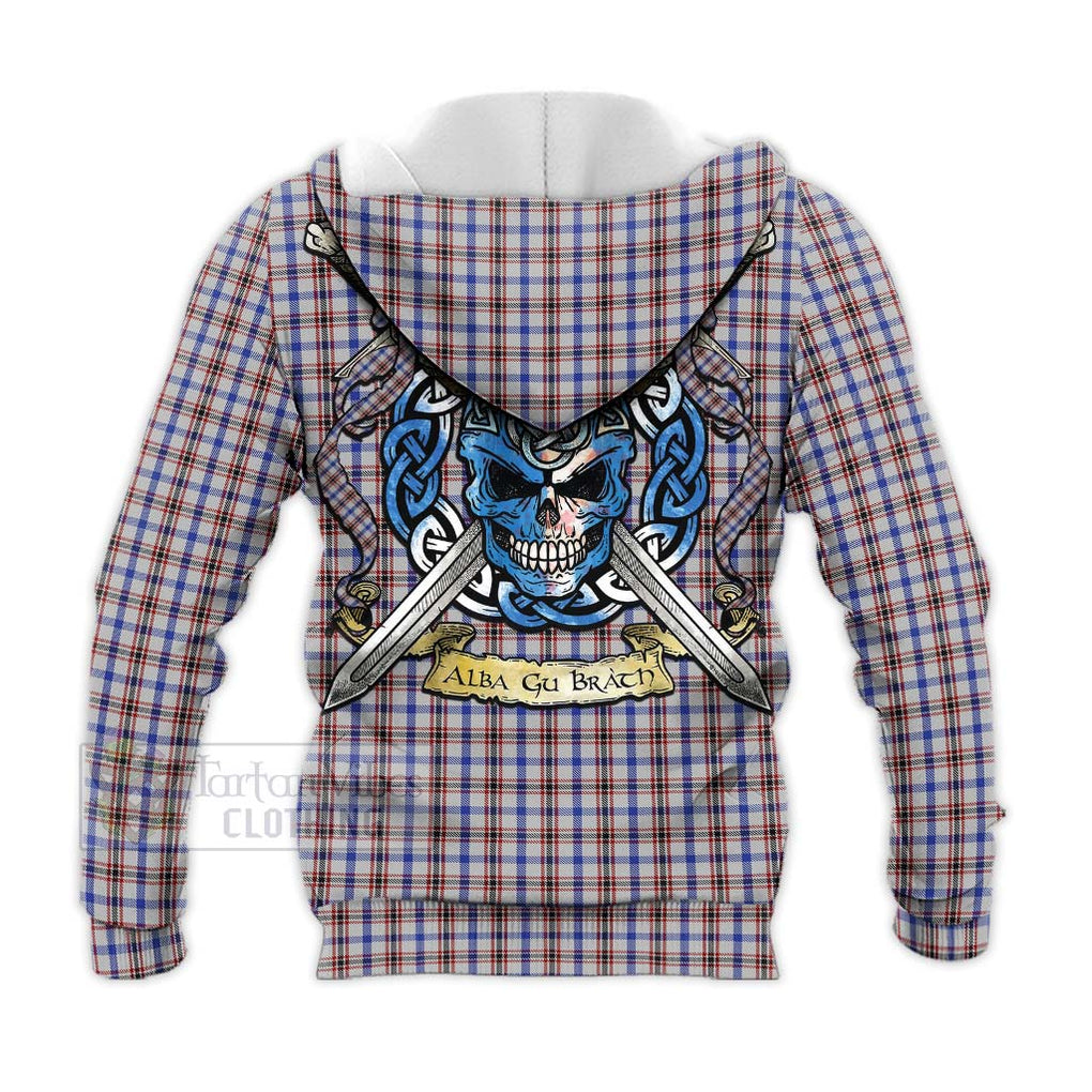 Tartan Vibes Clothing Boswell Tartan Knitted Hoodie with Family Crest Celtic Skull Style