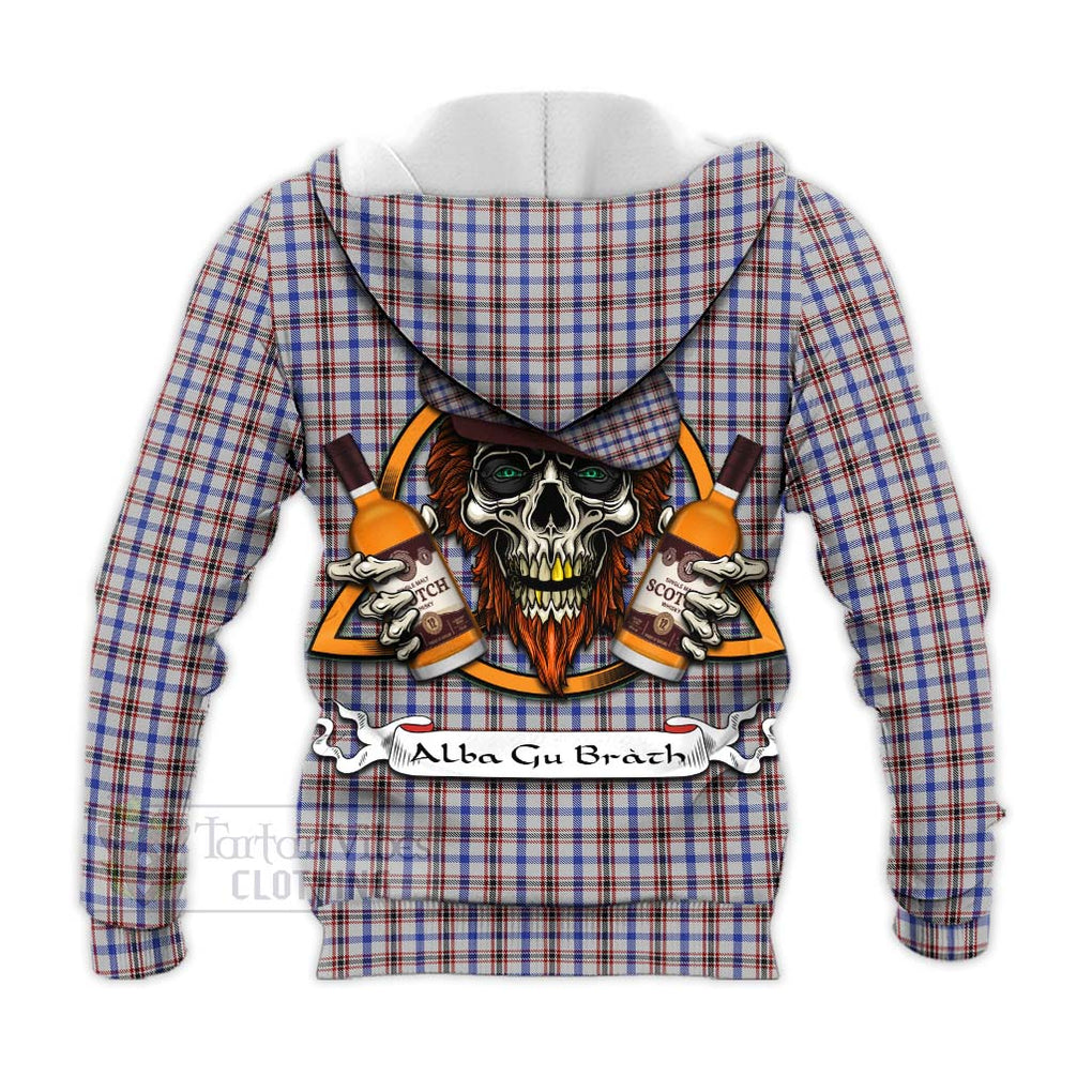 Tartan Vibes Clothing Boswell Tartan Knitted Hoodie with Family Crest and Bearded Skull Holding Bottles of Whiskey