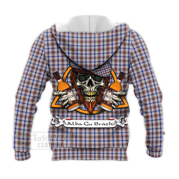 Boswell Tartan Knitted Hoodie with Family Crest and Bearded Skull Holding Bottles of Whiskey