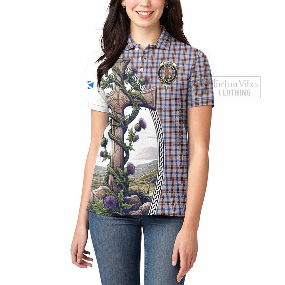 Tartan Vibes Clothing Boswell Tartan Women's Polo Shirt with Family Crest and St. Andrew's Cross Accented by Thistle Vines