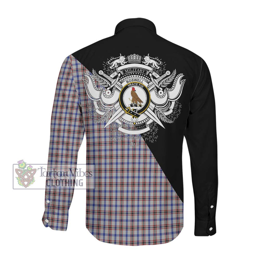 Boswell Tartan Long Sleeve Button Shirt with Family Crest and Military Logo Style Men's Shirt - Tartanvibesclothing Shop