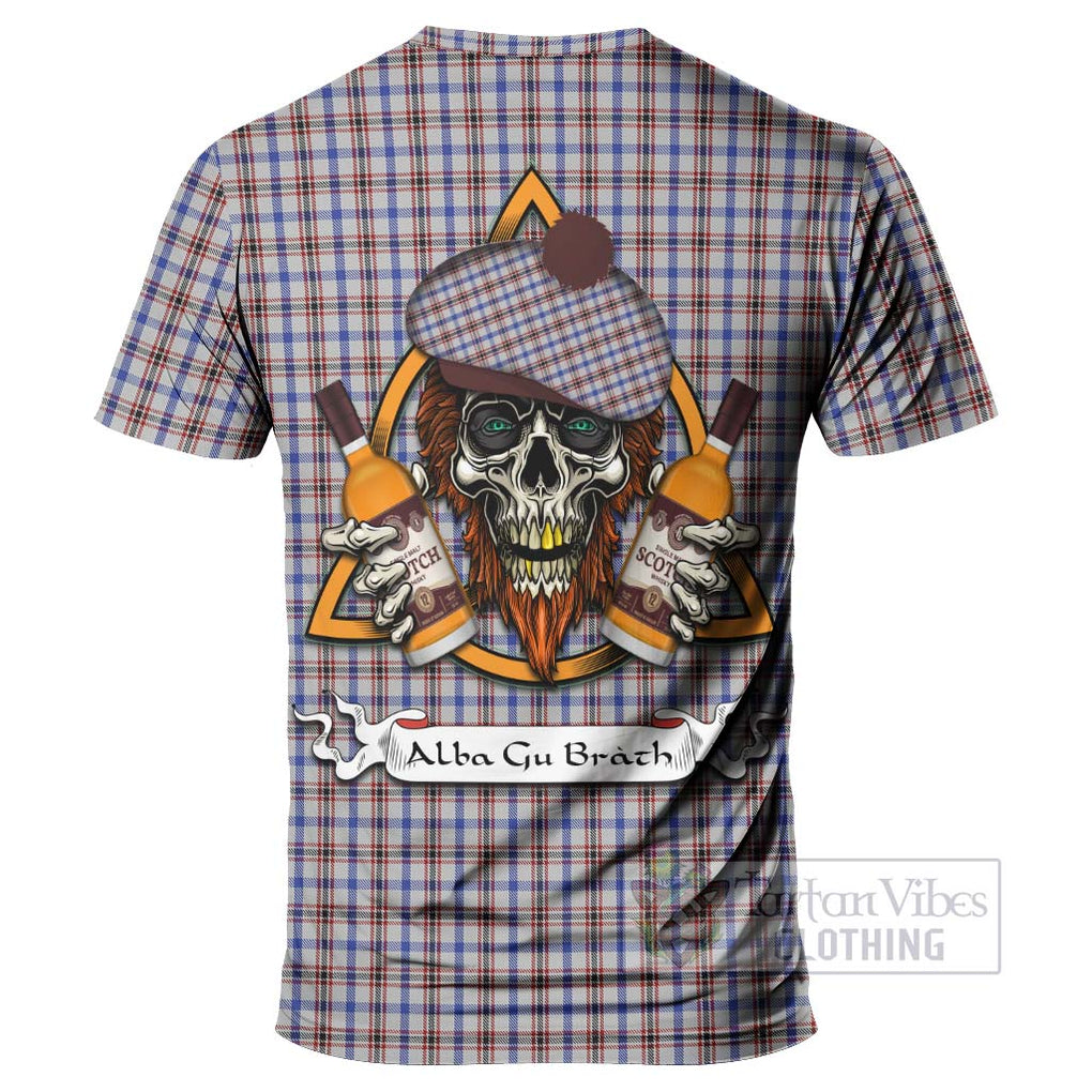 Tartan Vibes Clothing Boswell Tartan T-Shirt with Family Crest and Bearded Skull Holding Bottles of Whiskey