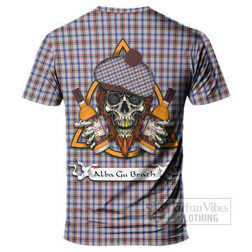 Boswell Tartan T-Shirt with Family Crest and Bearded Skull Holding Bottles of Whiskey