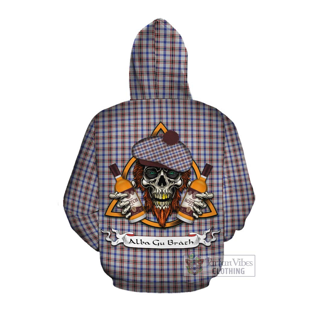 Tartan Vibes Clothing Boswell Tartan Cotton Hoodie with Family Crest and Bearded Skull Holding Bottles of Whiskey