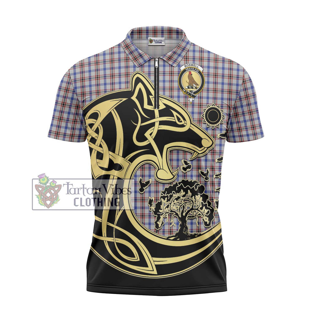 Boswell Tartan Zipper Polo Shirt with Family Crest Celtic Wolf Style - Tartanvibesclothing Shop