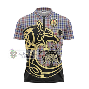 Boswell Tartan Zipper Polo Shirt with Family Crest Celtic Wolf Style