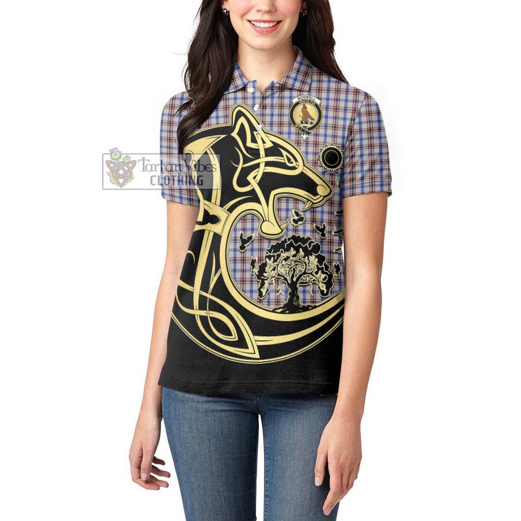 Boswell Tartan Women's Polo Shirt with Family Crest Celtic Wolf Style - Tartanvibesclothing Shop