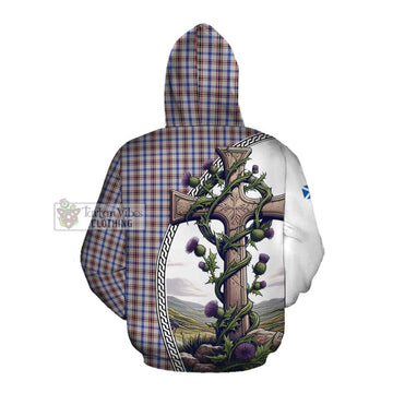 Boswell Tartan Cotton Hoodie with Family Crest and St. Andrew's Cross Accented by Thistle Vines Pullover Hoodie - Tartan Vibes Clothing