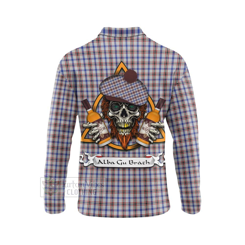 Tartan Vibes Clothing Boswell Tartan Long Sleeve Polo Shirt with Family Crest and Bearded Skull Holding Bottles of Whiskey