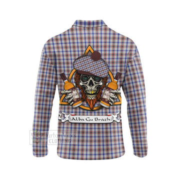 Boswell Tartan Long Sleeve Polo Shirt with Family Crest and Bearded Skull Holding Bottles of Whiskey