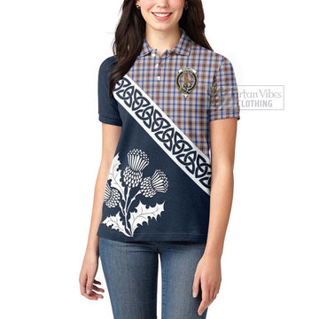 Boswell Tartan Women's Polo Shirt Featuring Thistle and Scotland Map