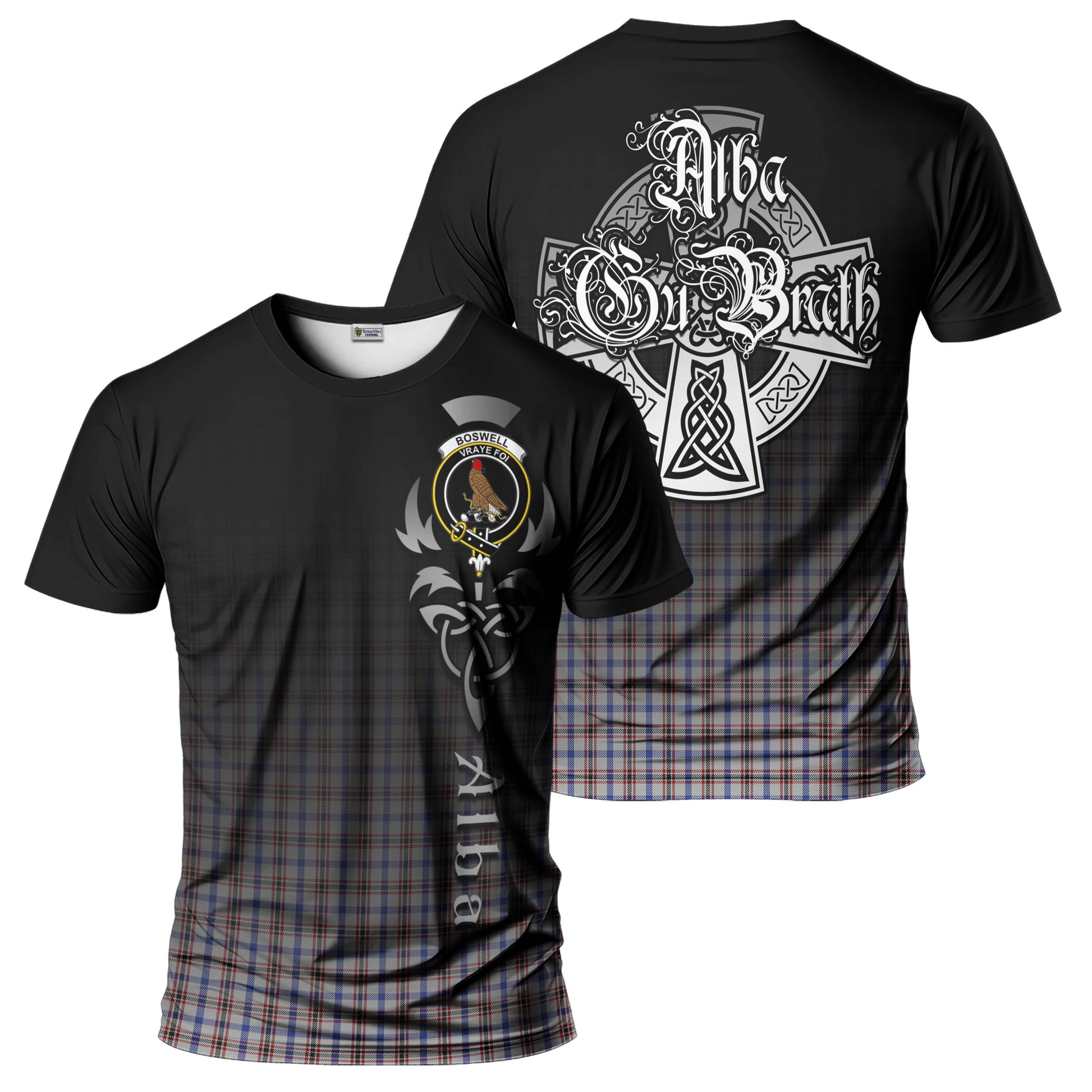 Tartan Vibes Clothing Boswell Tartan T-Shirt Featuring Alba Gu Brath Family Crest Celtic Inspired