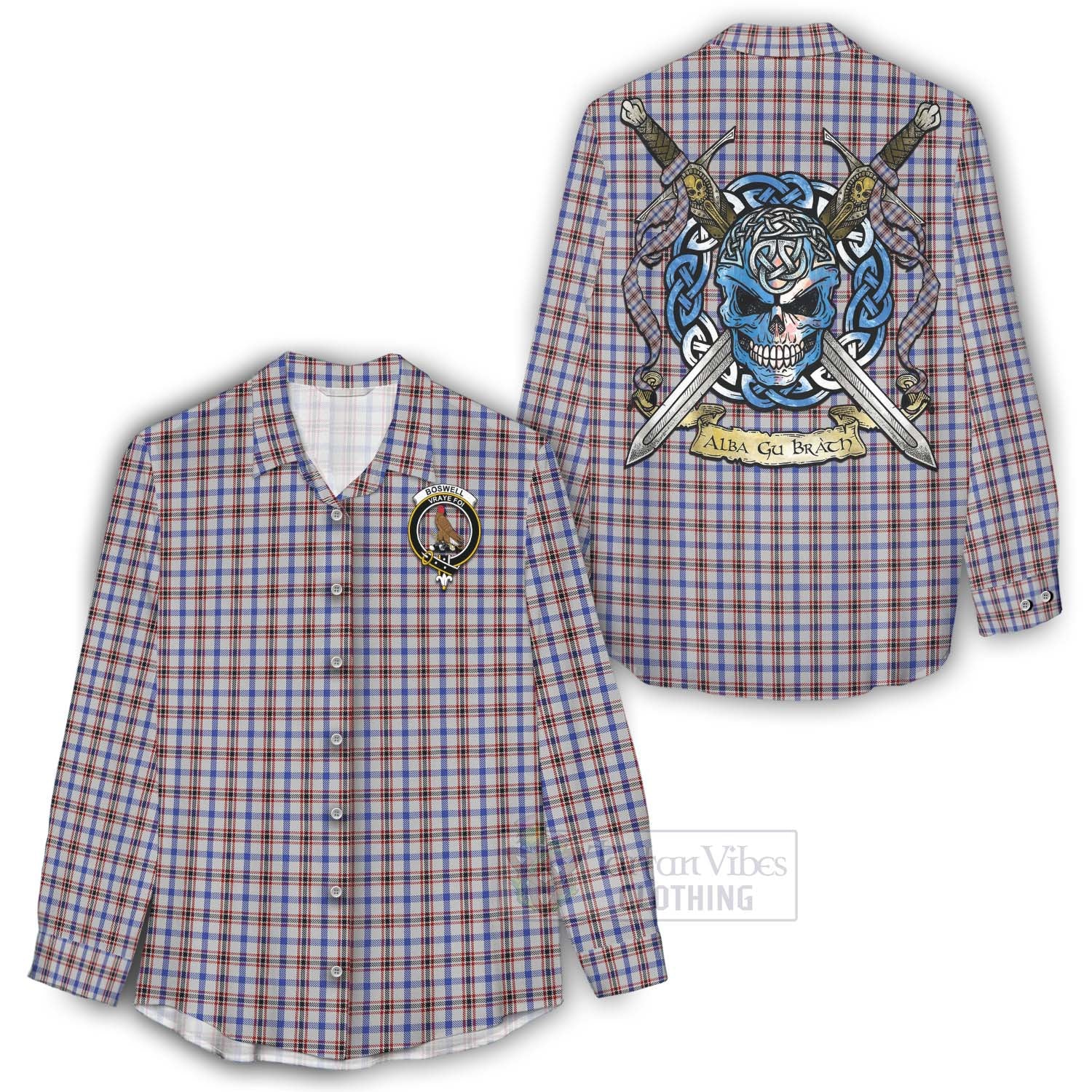 Tartan Vibes Clothing Boswell Tartan Women's Casual Shirt with Family Crest Celtic Skull Style