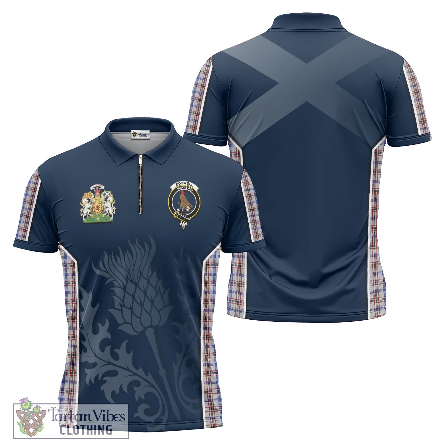 Tartan Vibes Clothing Boswell Tartan Zipper Polo Shirt with Family Crest and Scottish Thistle Vibes Sport Style