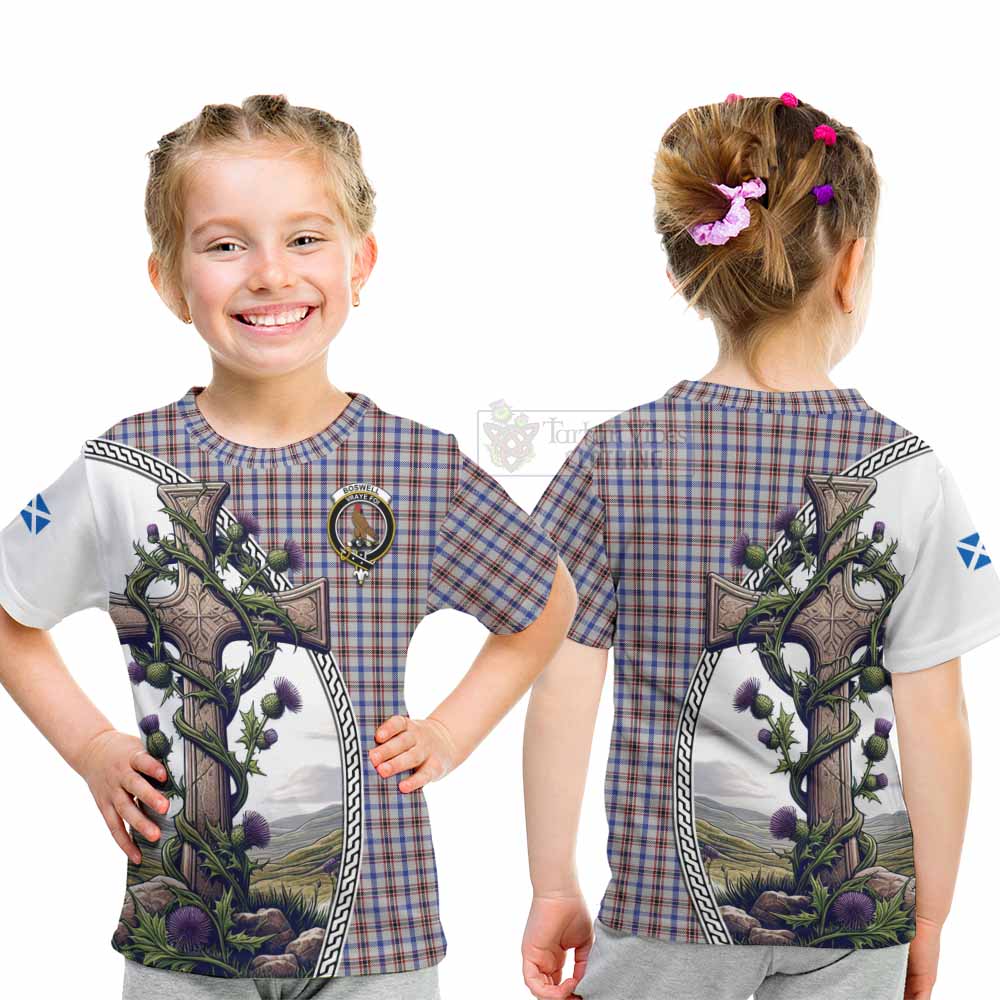 Tartan Vibes Clothing Boswell Tartan Kid T-Shirt with Family Crest and St. Andrew's Cross Accented by Thistle Vines