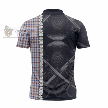 Boswell Tartan Zipper Polo Shirt with Family Crest Cross Sword Thistle Celtic Vibes