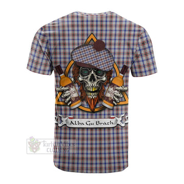 Boswell Tartan Cotton T-shirt with Family Crest and Bearded Skull Holding Bottles of Whiskey