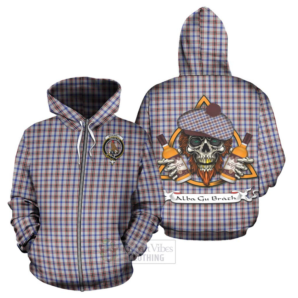 Tartan Vibes Clothing Boswell Tartan Hoodie with Family Crest and Bearded Skull Holding Bottles of Whiskey