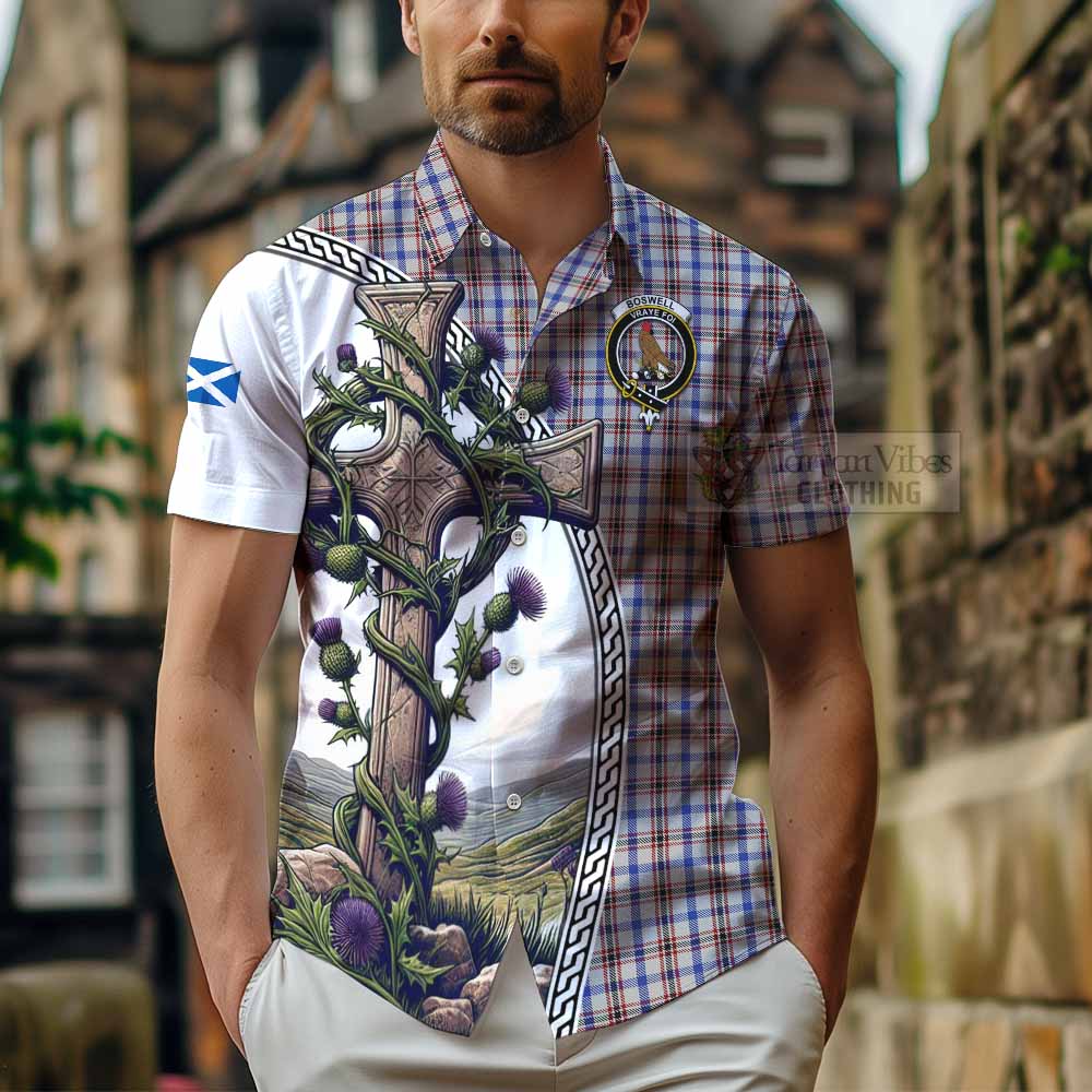 Tartan Vibes Clothing Boswell Tartan Short Sleeve Button Shirt with Family Crest and St. Andrew's Cross Accented by Thistle Vines